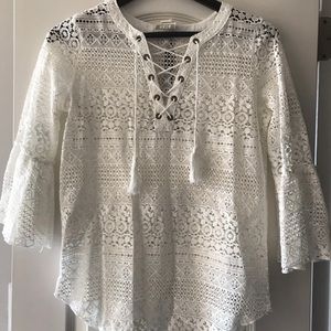 RAIN Peasant Festival Boho White Lace Cottagecore Top Blouse Womens Size S Small